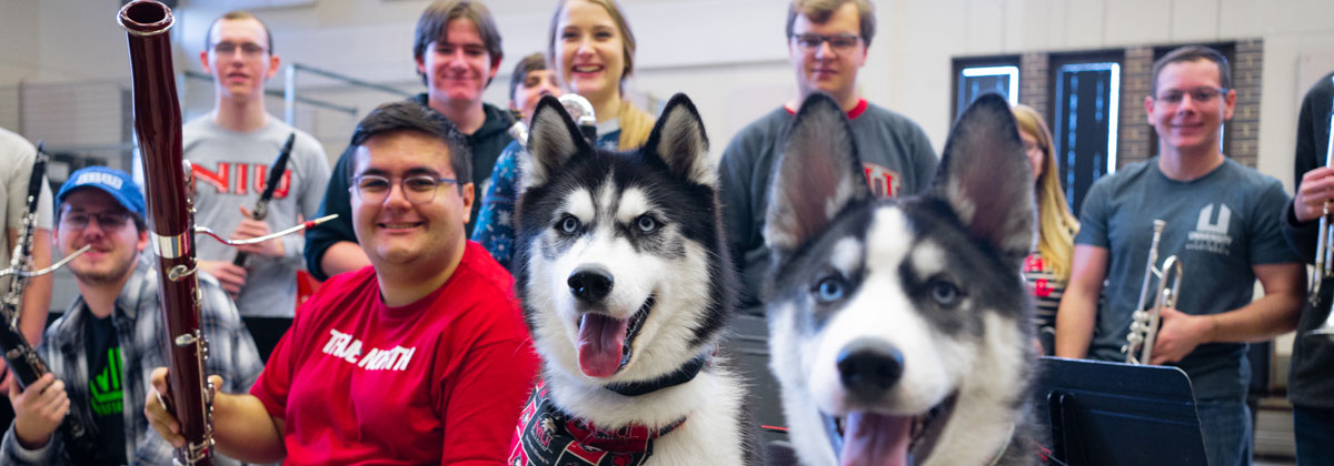 Mission and Mini Mission join an NIU ensemble rehearsal.